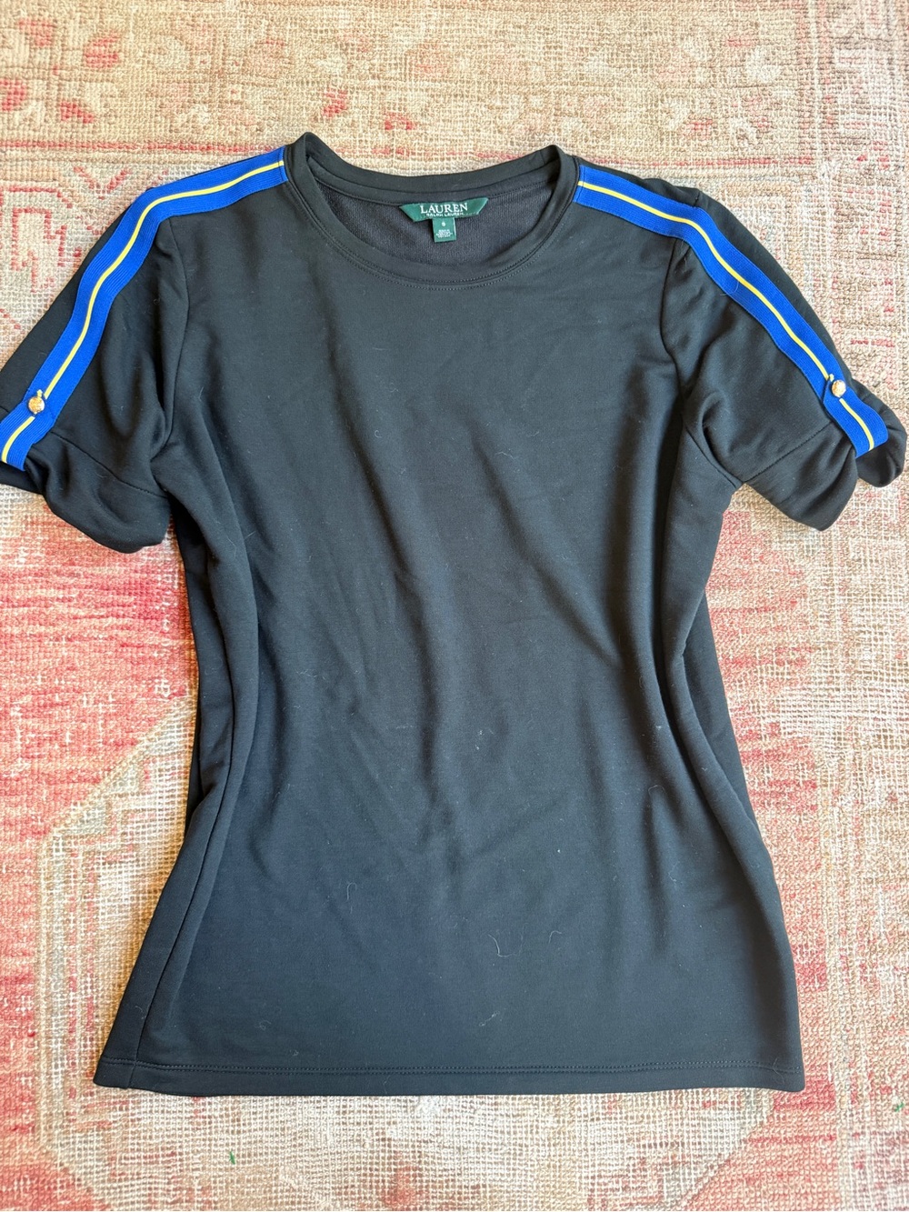 Ralph Lauren Black Short-Sleeve Crewneck Tee with Blue Stripe Accents